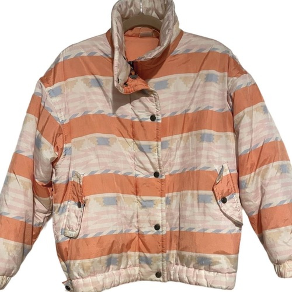 Vintage Striped Puffer Jacket Peach Cream Winter Coat Retro Ski Snow‎ Outerwear